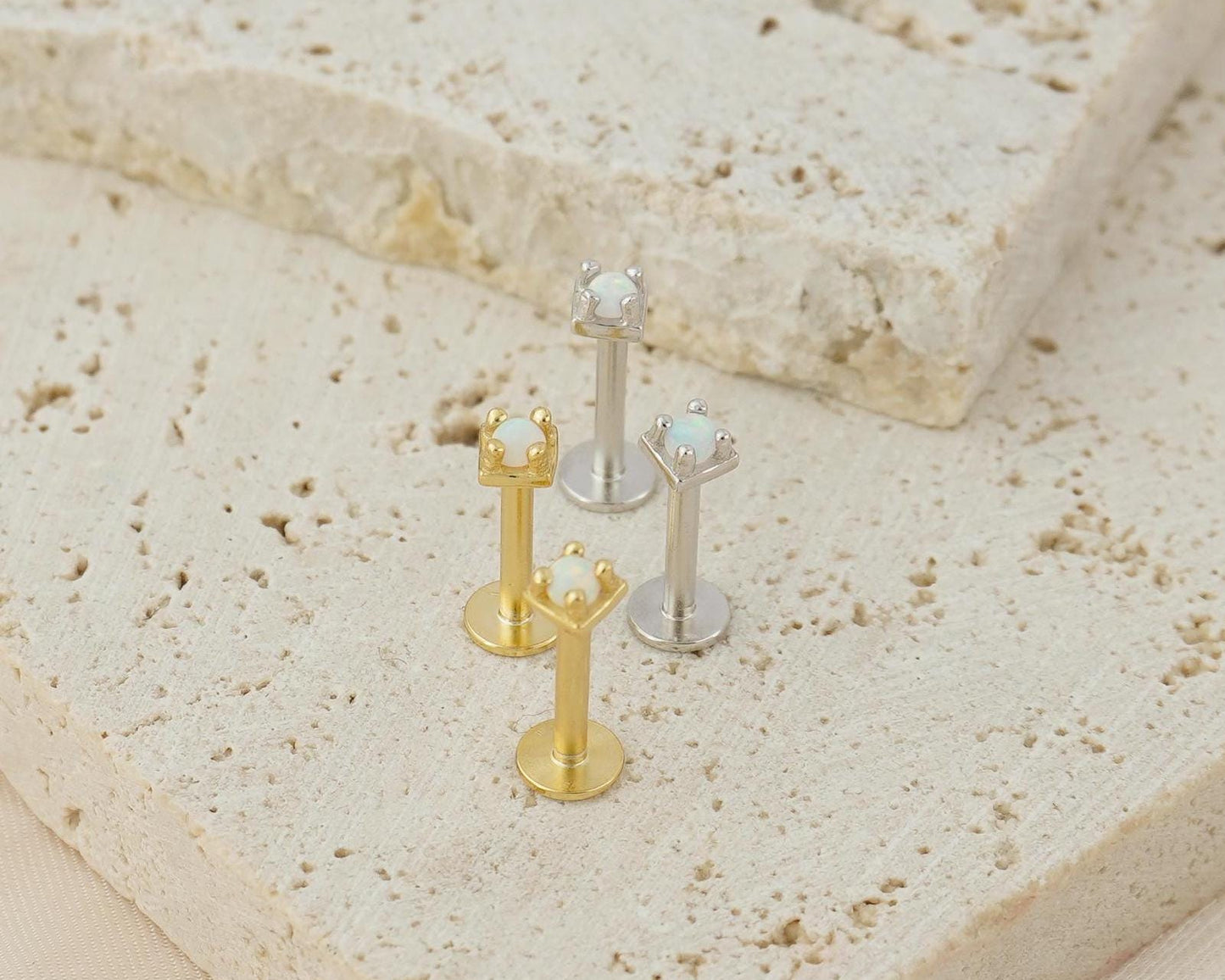 Pair of VERY TINY Opal Stud Earrings in Sterling Silver or Plated Gold, Tiny Gem Delicate Stacking Jewelry