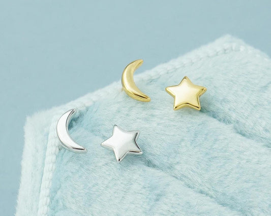 Pair of Sterling Silver Tiny Crescent Moon & Star Stud Earrings in Rhodium or 18ct Gold Plated, Mismatched Asymmetric Design