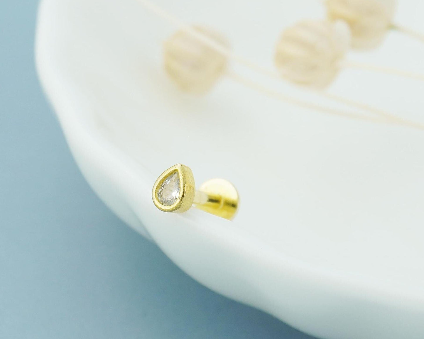 1 pc of Tiny Teardrop Bezel CZ Sterling Silver Stud Earring in Rhodium or 18ct Gold Plated, 16 Gauge 6mm or 8mm Post