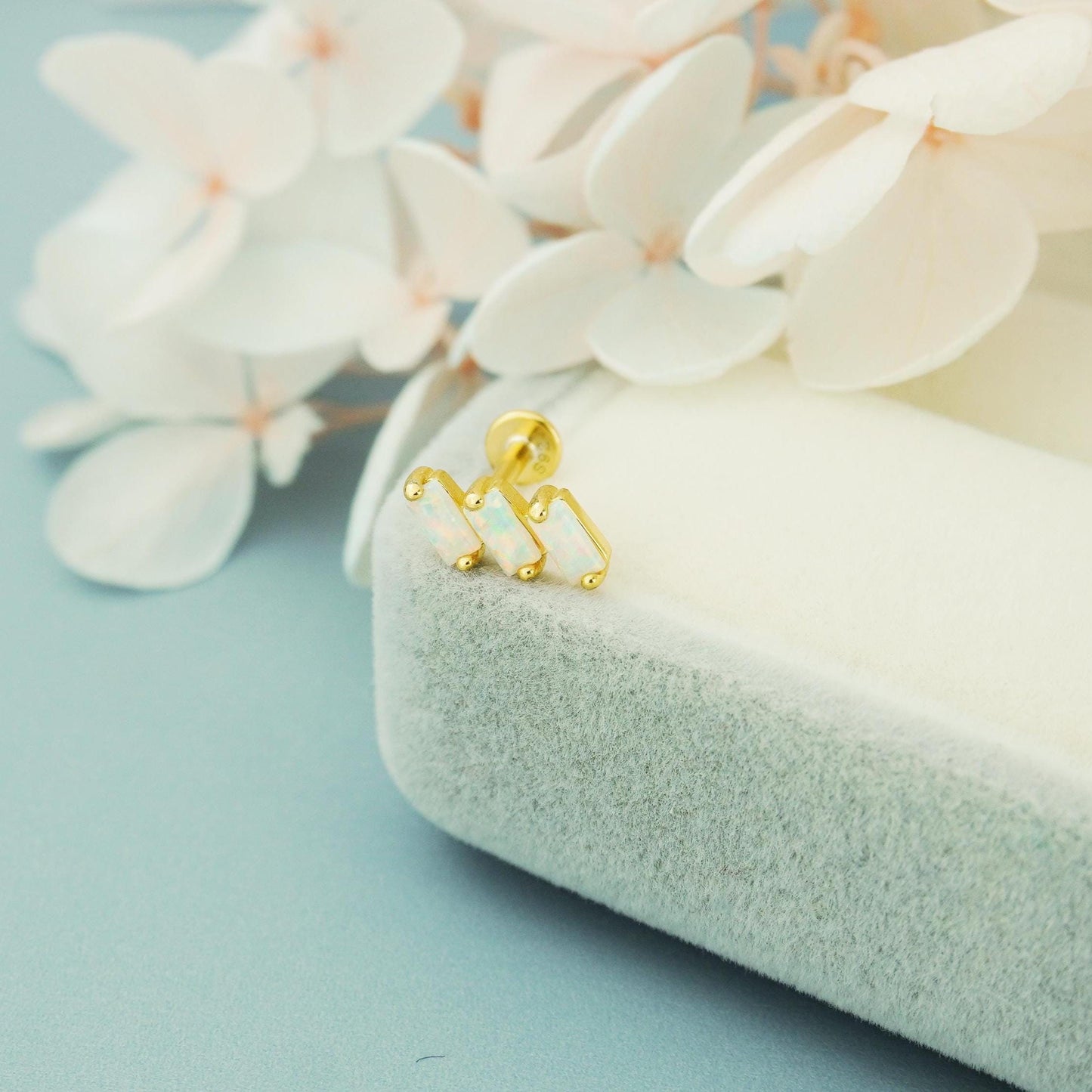 1 pc of Fire Opal Triple Baguette Flat Back Stud Earring in Gold Plated over Sterling Silver