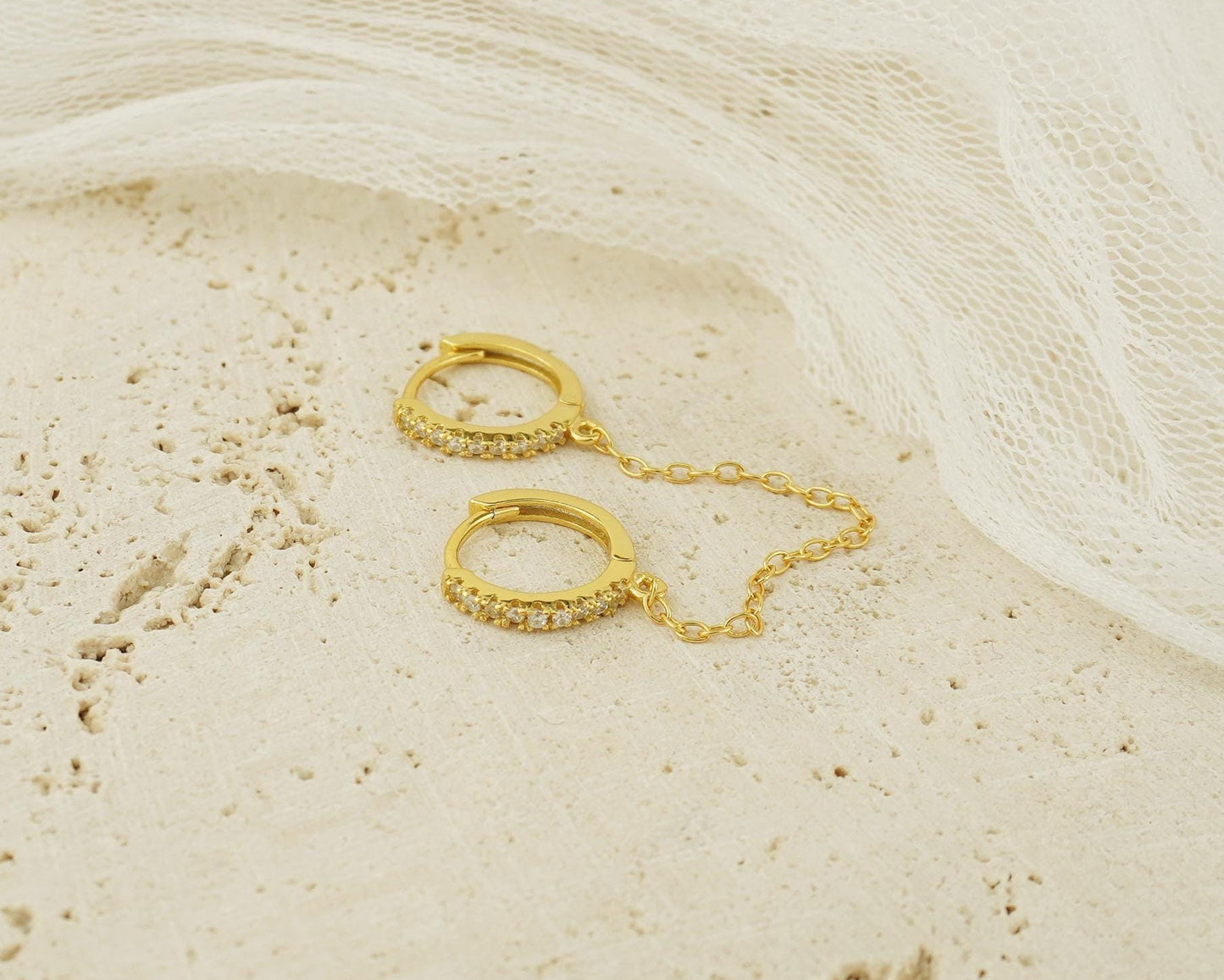 1 pc of Duo Hoop Earring with Dangly Link Chain in Sterling Silver or 18ct Gold Plated, Dainty CZ Crystal Paved Jewelry