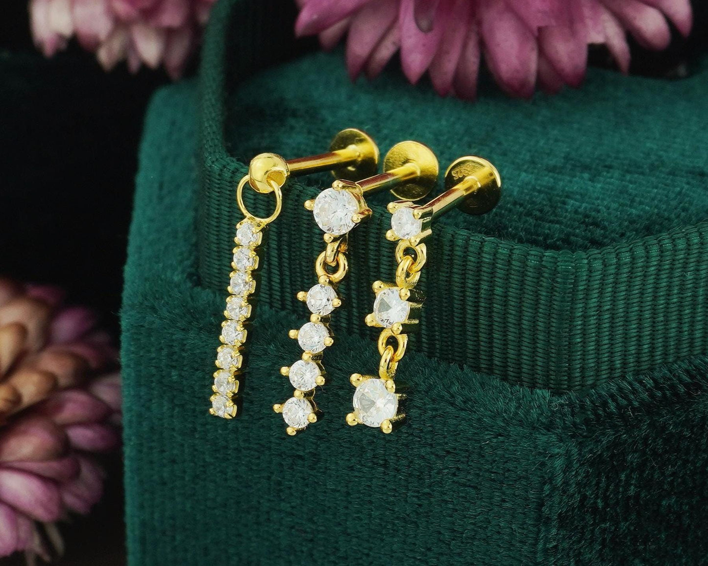 1 pc of Dangly CZ Flat Back Stud Earring in Gold Plated Sterling Silver, Drop Chain Sparkly Gem Cartilage Tragus Lobe Piercing Jewelry