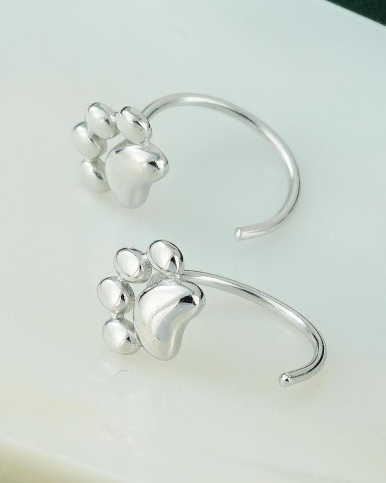 Pair of Tiny Animal Paw Print Threader Earrings in Sterling Silver, Whimsical Jewelry for Dog Cat Lover, Comfy C Shape Open Loop