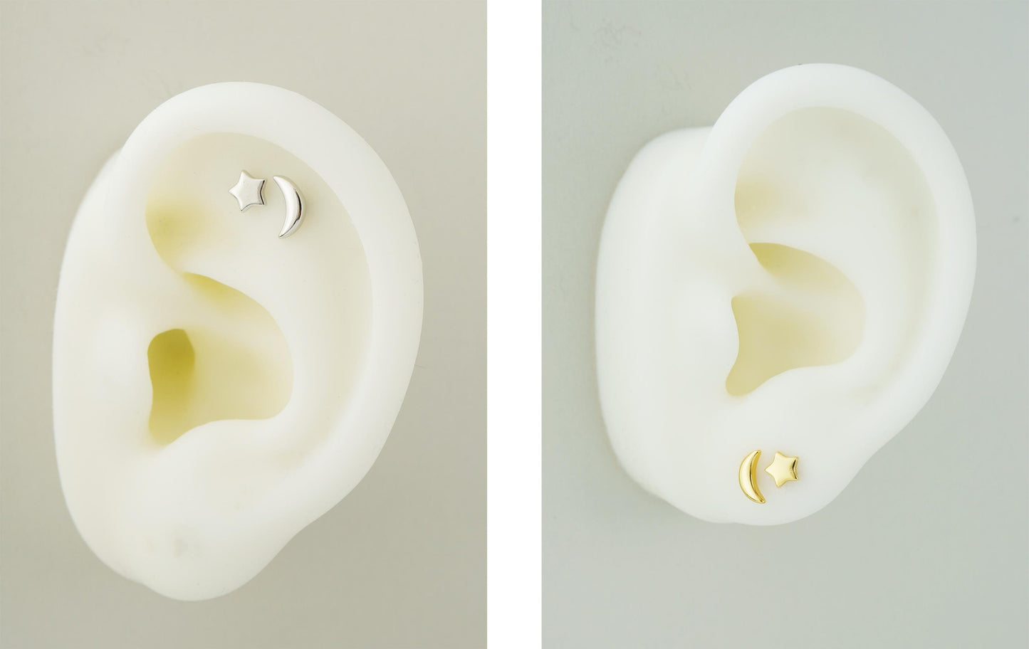 Pair of Sterling Silver Tiny Crescent Moon & Star Stud Earrings in Silver or Plated Gold