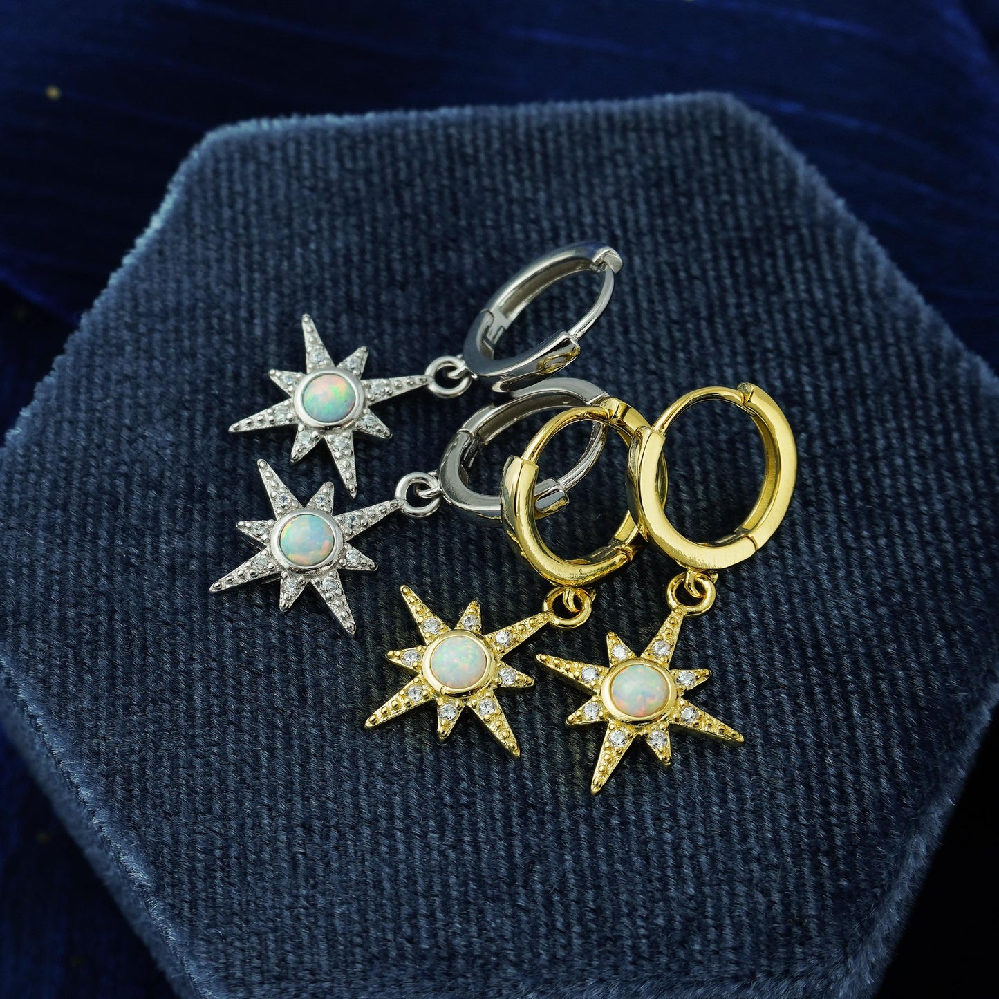 Pair of Opal Starburst Huggie Hoop Earrings in 925 Sterling Silver or 18ct Plated Gold