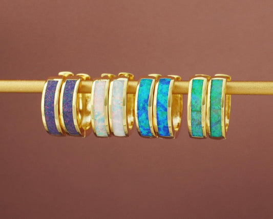 Pair of Elegant Opal Inlay Huggie Hoop Earrings in Gold Plated Brass, Purple, Blue, Green or White Stone