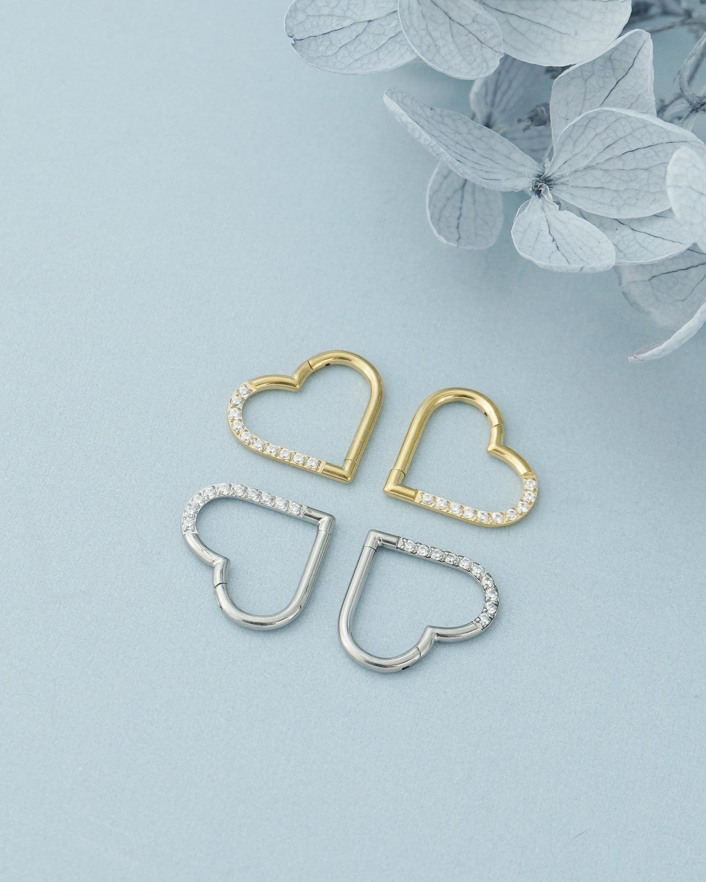 1 pc of 16G Implant Grade Titanium Hinged CZ Heart Daith Earring Hoop, Helix Clicker, Septum Nose Piercing, 1.2*8/10mm