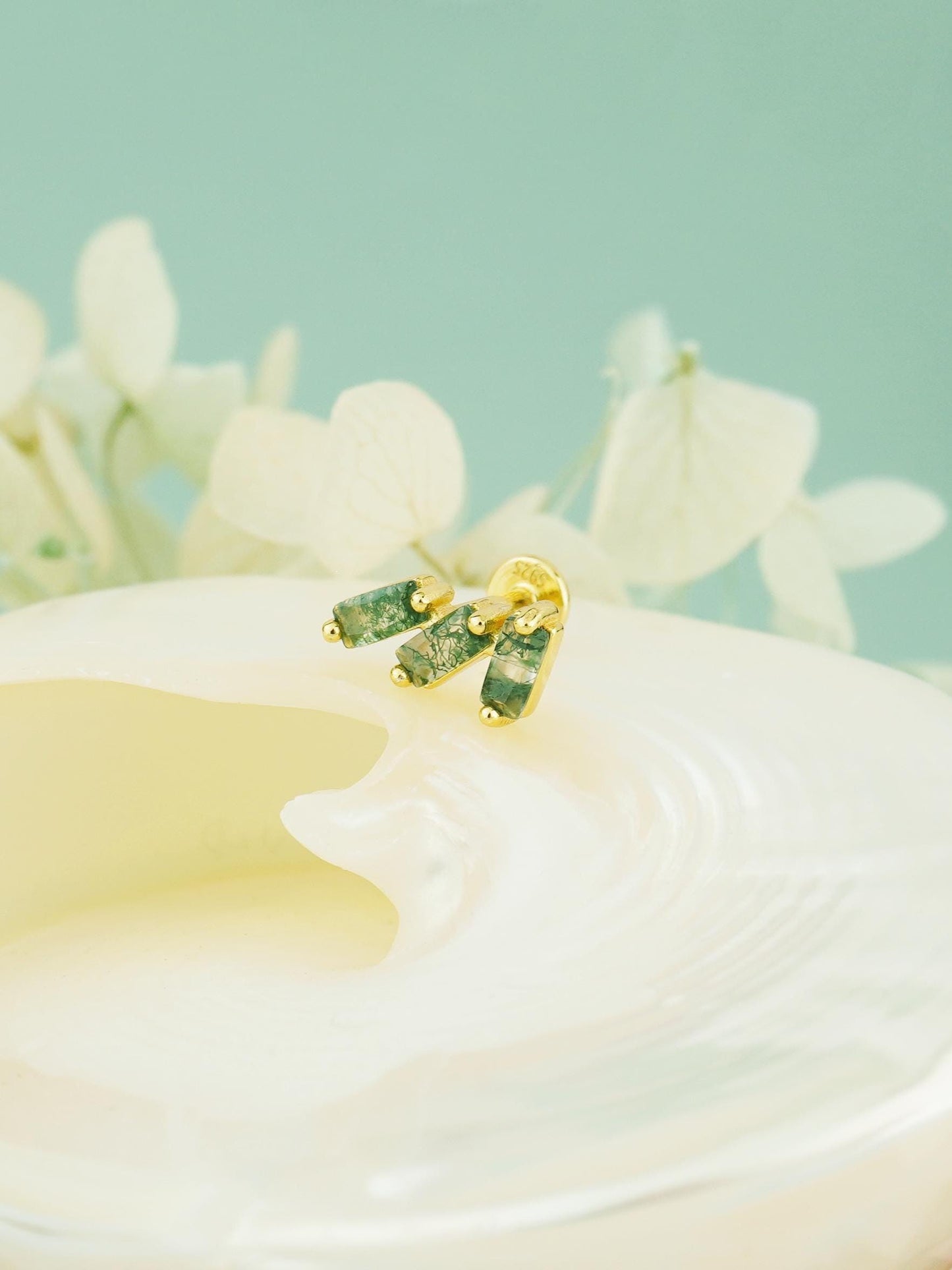 1 pc of Natural Green Moss Agate Triple Baguette Flat Back Stud Earring in Gold Plated over Sterling Silver