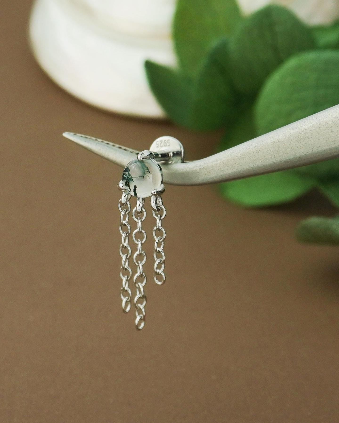 1 pc of Natural Moss Agate Cabochon with Dangly Chains, Flat Back Stud Earring in Sterling Silver /Plated Gold