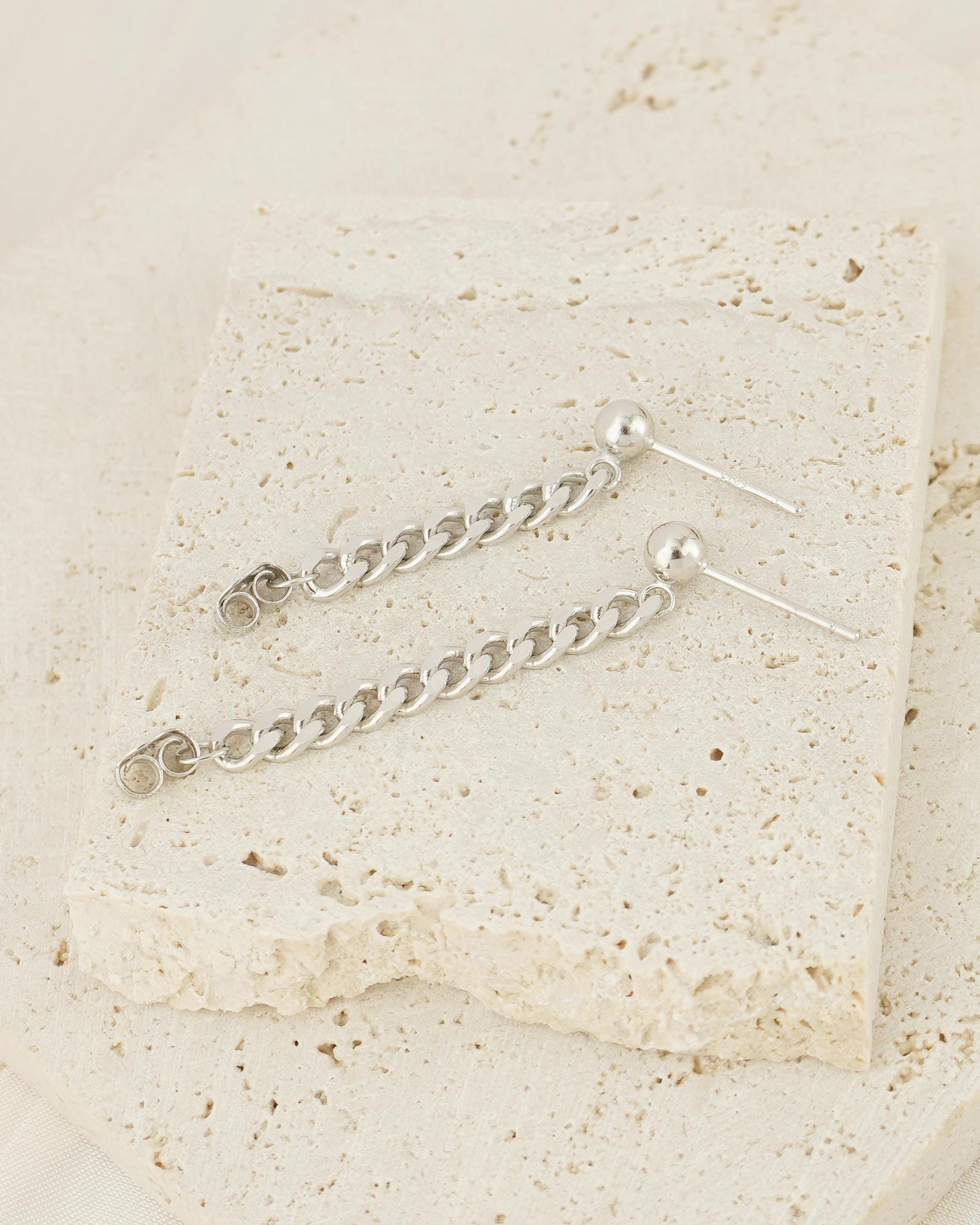 1 pc of Sterling Silver Chunky Bold Curb Chain Stud Earring, Front & Back Minimal Ear Jacket, Cuban Drop Tassel Lobe Piercing, Available in 3cm and 4cm