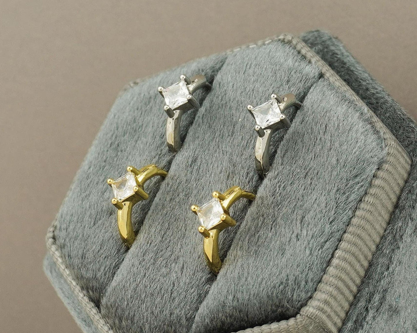 Pair of Square CZ Huggie Hoop Earrings in Gold / Palladium Plated over Brass