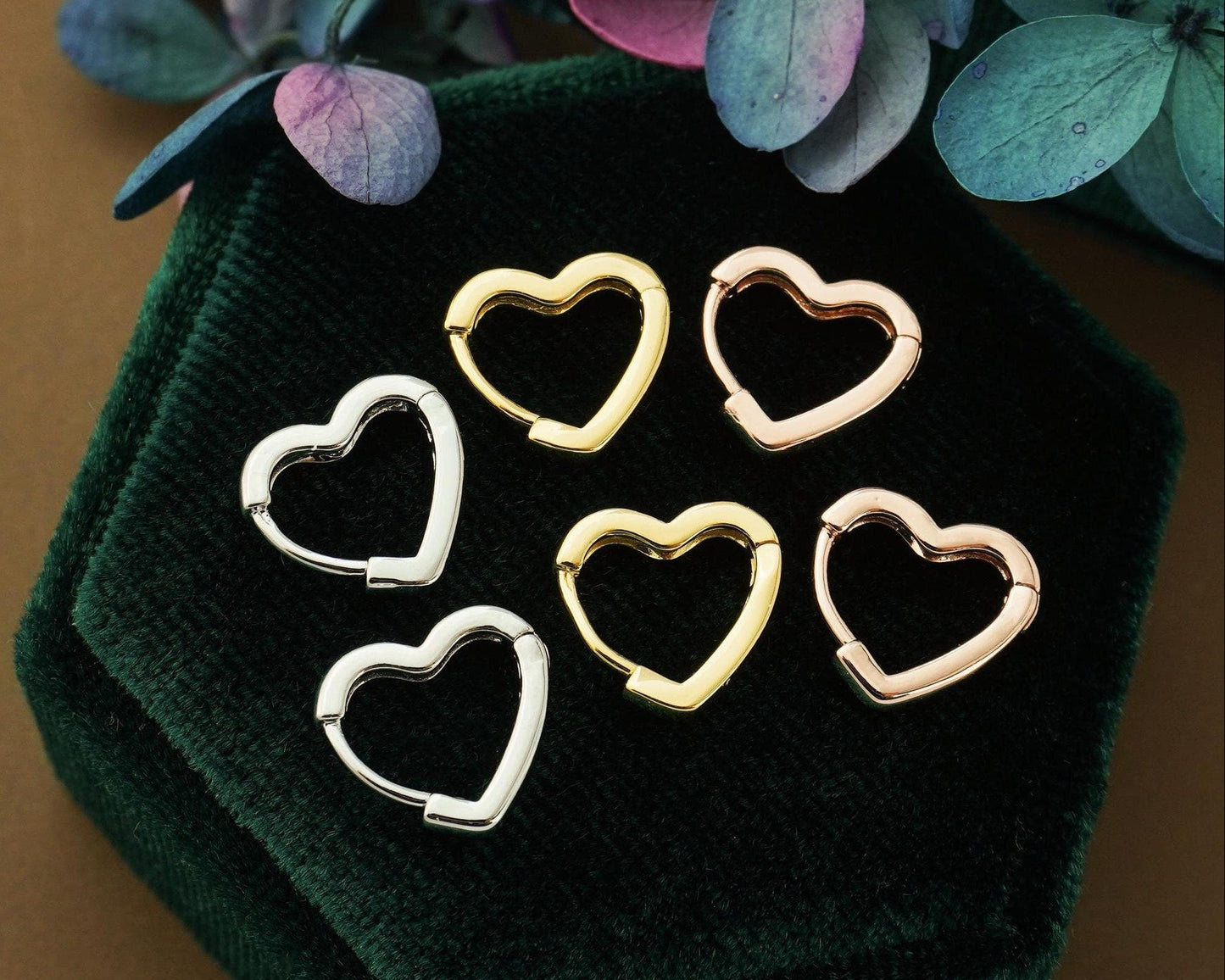 Pair of Minimal Love Heart Huggie Hoop Earrings in Brass Plated with Rhodium, Gold, Rose Gold