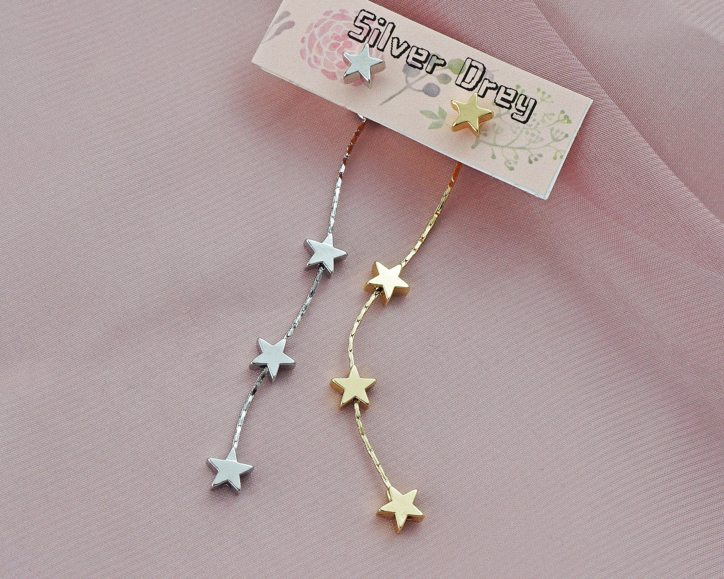 Pair of Brass Stud Earrings in Silver or Gold Finish, Dangly 3 Mini Celestial Charm on a Chain, Dainty Tassel Drop Lobe Jewelry