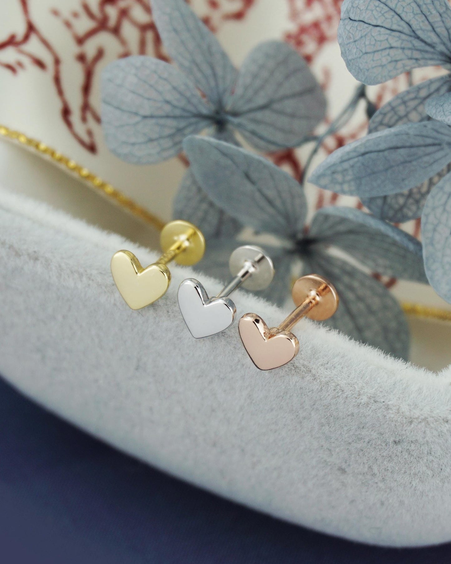 Pair of Tiny Heart Stud Earrings in Sterling Silver, 14ct Gold or Rose Gold, Flat Screw Back Piercing