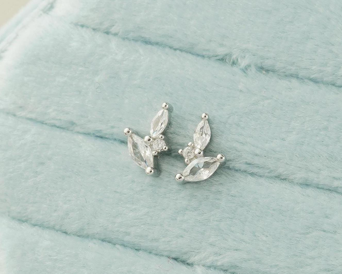 Pair of Marquise CZ Cluster Stud Earrings in Sterling Silver or 18ct Plated Gold, BUTTERFLY BACKS or SCREW BACKS