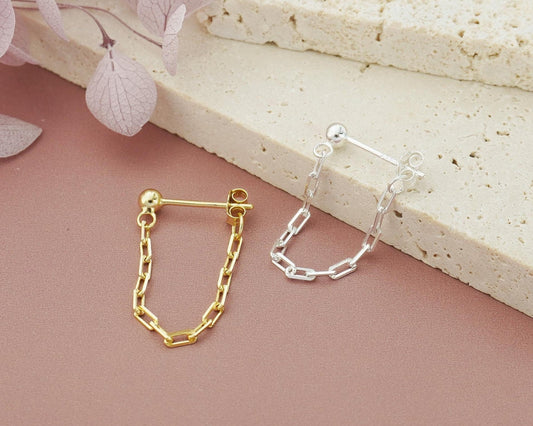 Pair of Paperclip Chain Stud Earrings in Sterling Silver or 18ct Gold Plated, Tiny Front & Back Ear Jacket