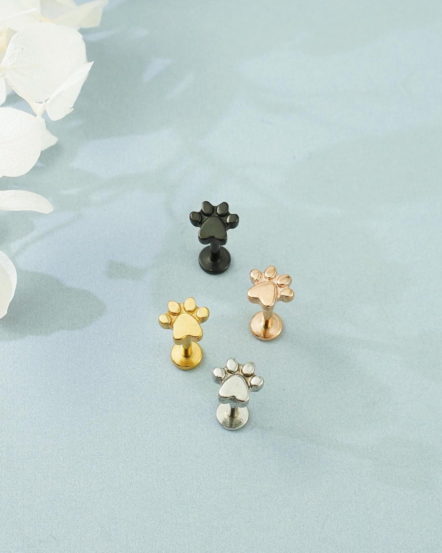 1 pc of Paw Print Stainless Steel Flat Screw Back Stud Earring in Steel, Gold, Black or Rose Gold, 16Gauge 6mm/8mm Post
