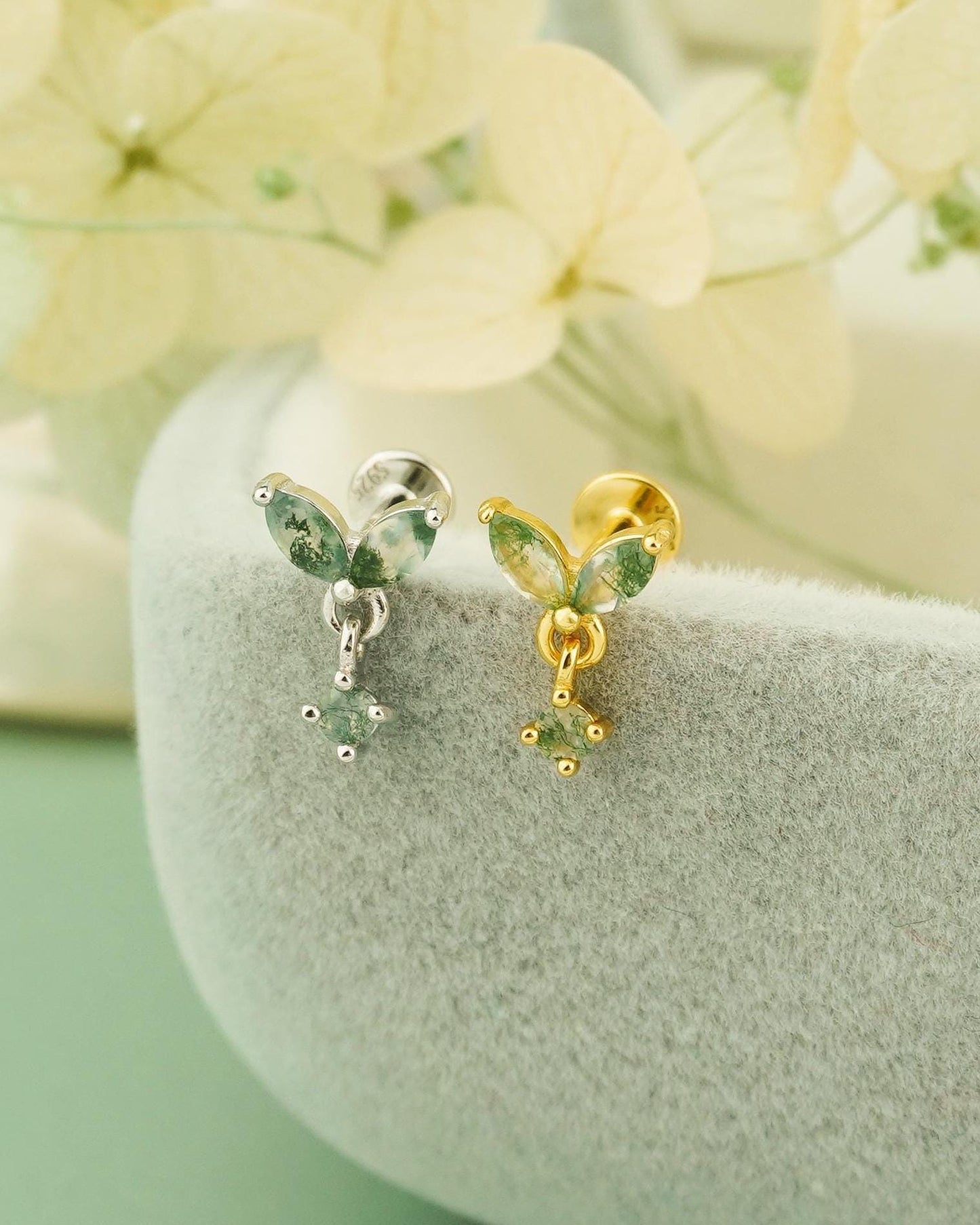 1 pc of Natural Green Moss Agate Flat Back Stud Earring in Sterling Silver/ Plated Gold