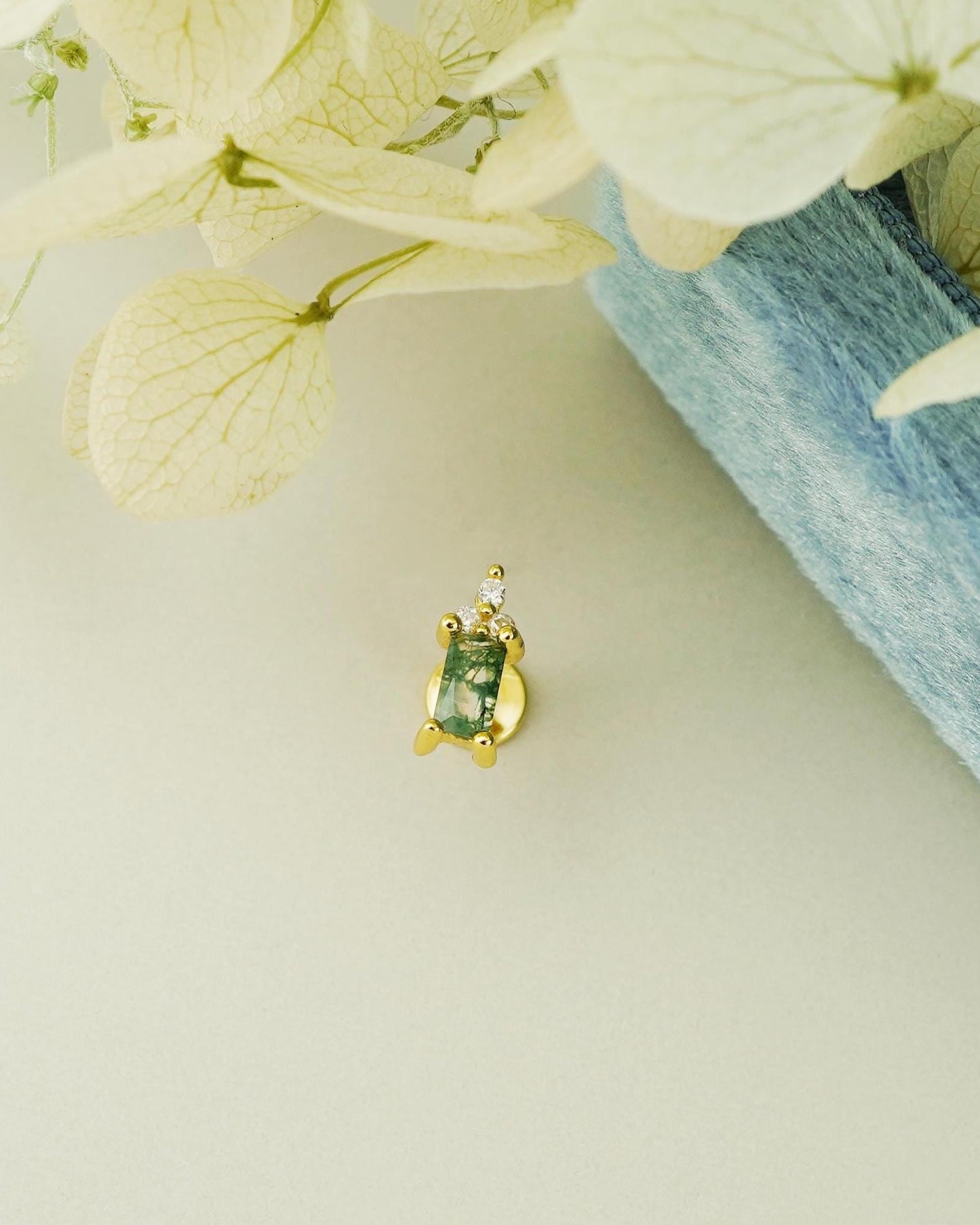 1 pc of Natural Green Moss Agate Baguette & CZ Flat Back Stud Earring in Gold Plated over Sterling Silver