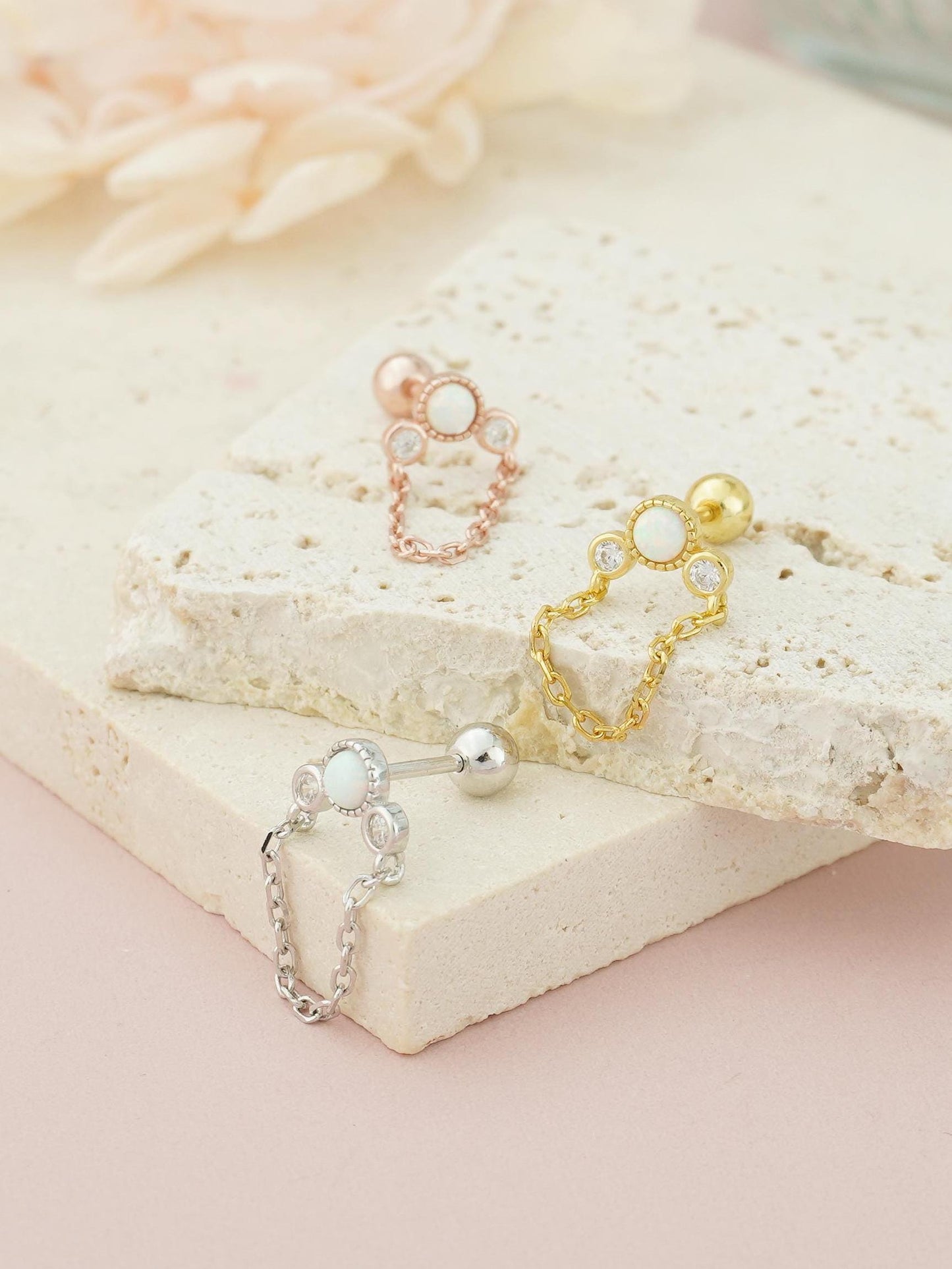 1 pc of Opal & CZ Stud Earring with Chain in Sterling Silver, Rose Gold or 18ct Gold Plated, Opulent Trio Gem