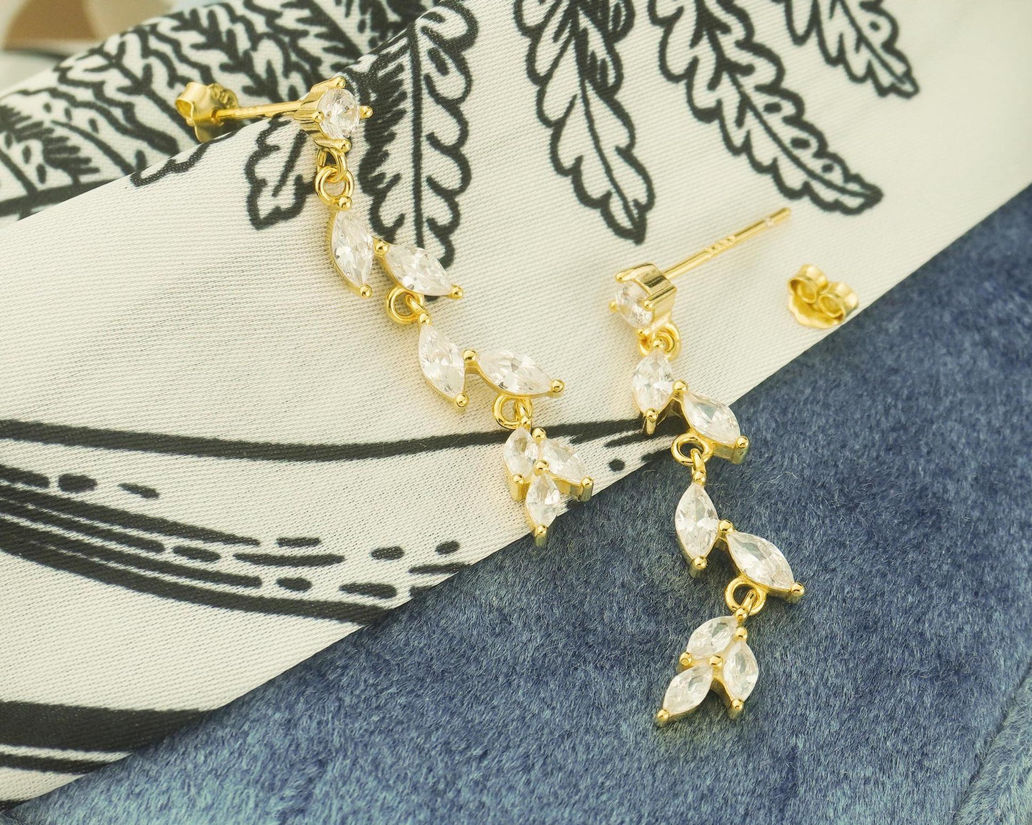 Pair of Dangly Marquise CZ Olive Leaf Stud Earrings in Gold Plated over Sterling Silver, Nature Inspired Bridal Wedding Jewelry