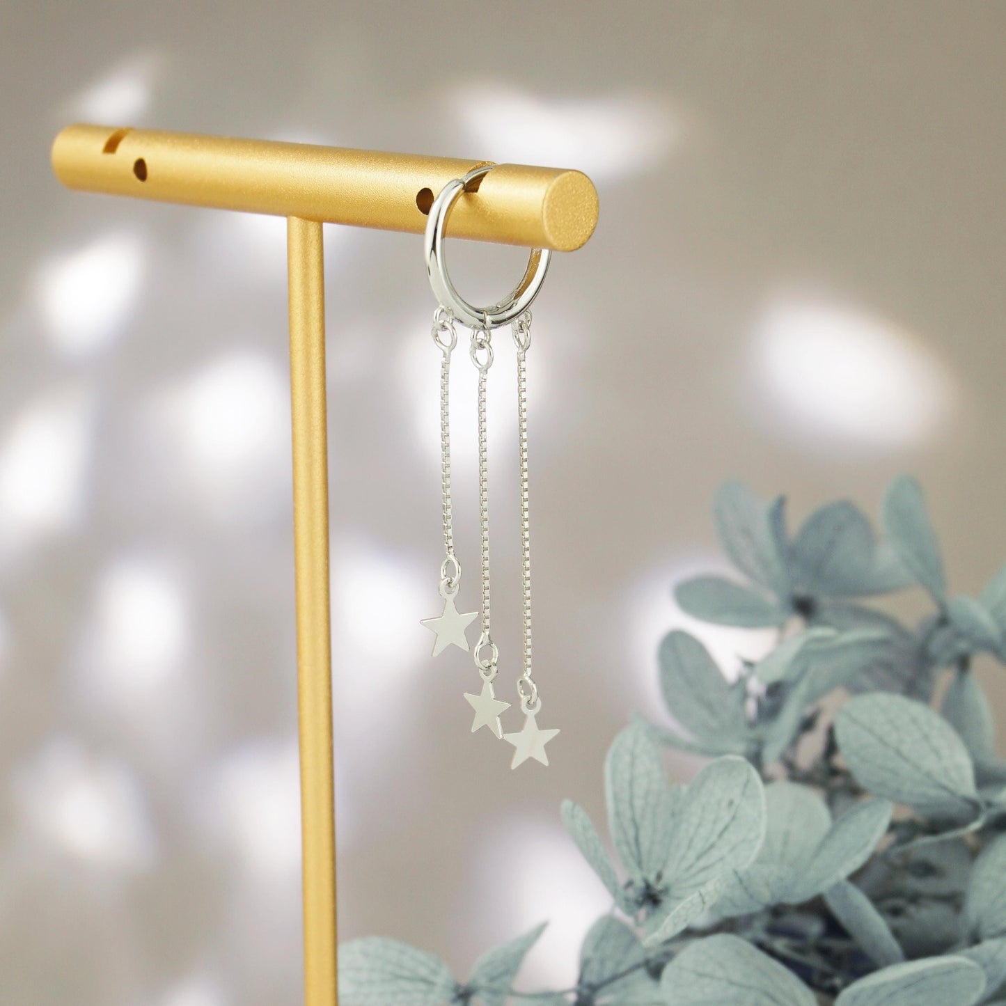 Pair of Trio Stars Huggie Hoop Earrings in Sterling Silver, Dangly Celestial Charm, Dainty Tassel Triple Chain Ear Jewelry