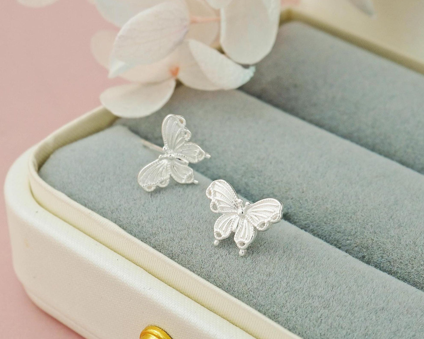 Pair of Tiny Butterfly Stud Earrings in Sterling Silver, Nature Inspired Whimsical Jewelry