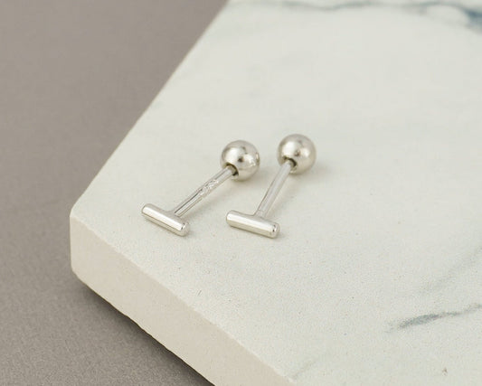 Pair of Tiny Sterling Silver 4mm Geometric Cylinder Tube Short Bar Stud Earrings, Secure Screw Ball Back Sleep in Ear Piercing