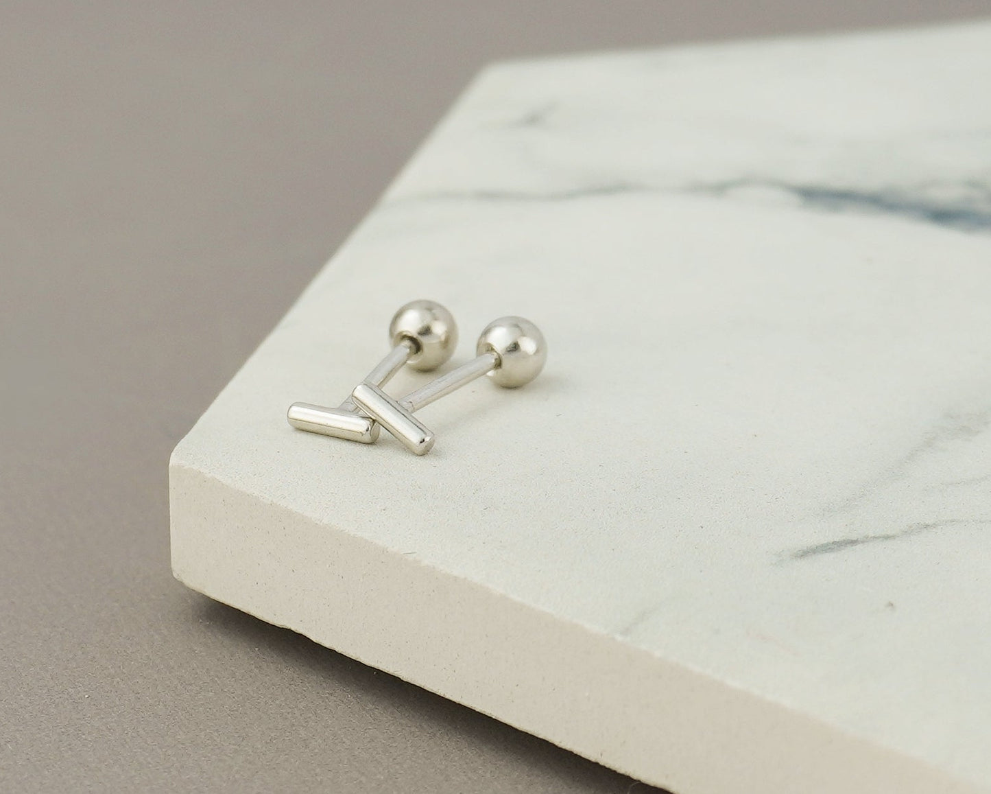 Pair of Tiny Sterling Silver 4mm Geometric Cylinder Tube Short Bar Stud Earrings, Secure Screw Ball Back Sleep in Ear Piercing