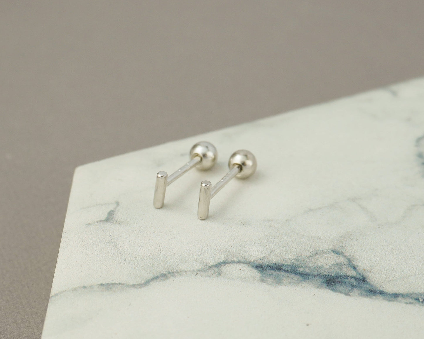 Pair of Tiny Sterling Silver 4mm Geometric Cylinder Tube Short Bar Stud Earrings, Secure Screw Ball Back Sleep in Ear Piercing