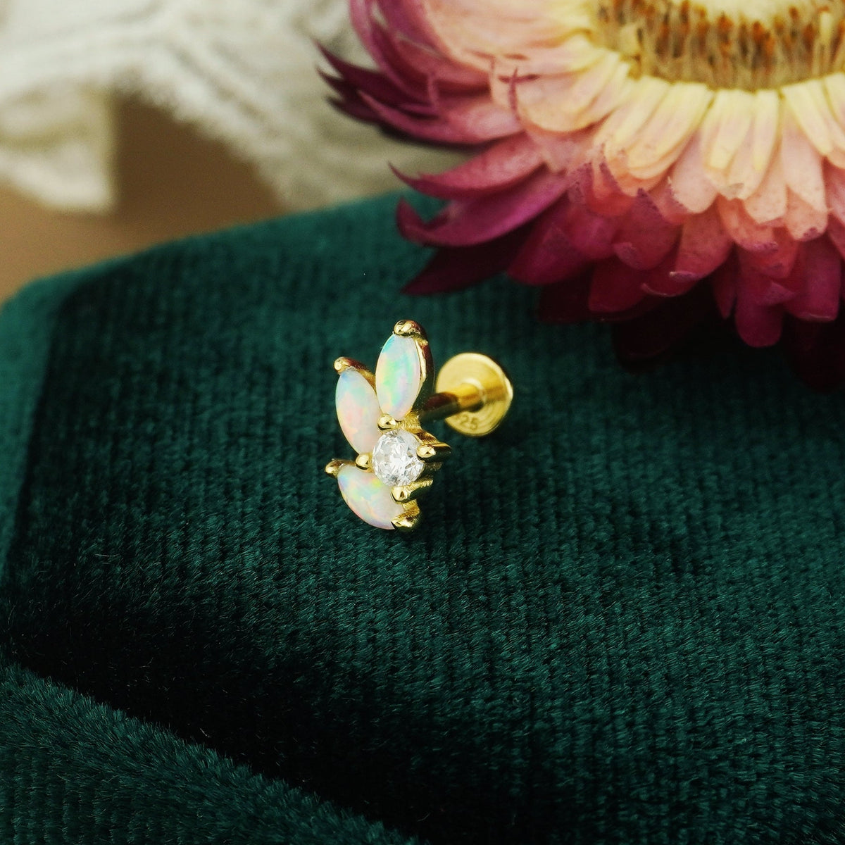 1 pc of Opal & CZ Stud Earring in 18ct Gold Plated over Sterling Silver, Tragus Cartilage Piercing Jewelry