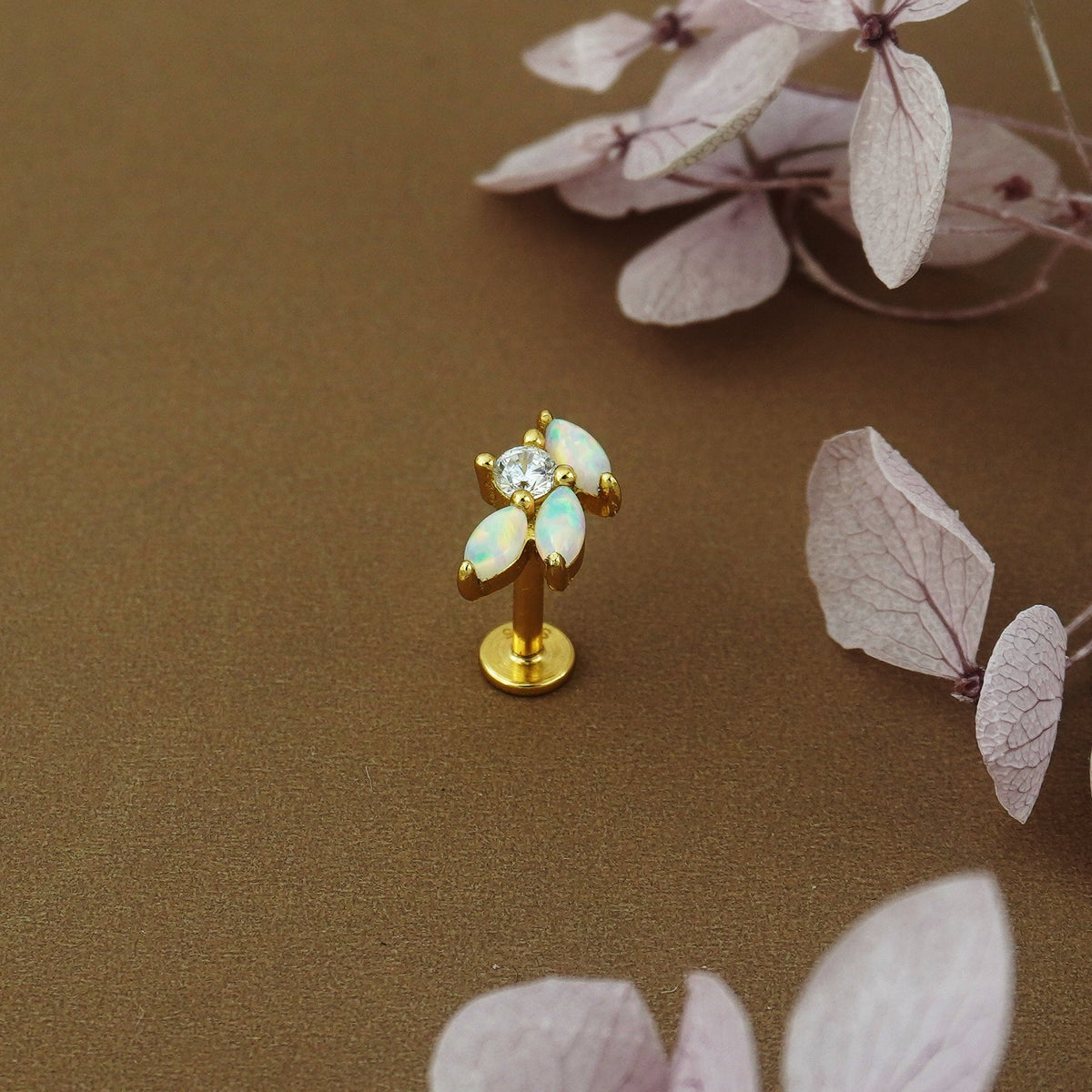 1 pc of Opal & CZ Stud Earring in 18ct Gold Plated over Sterling Silver, Tragus Cartilage Piercing Jewelry