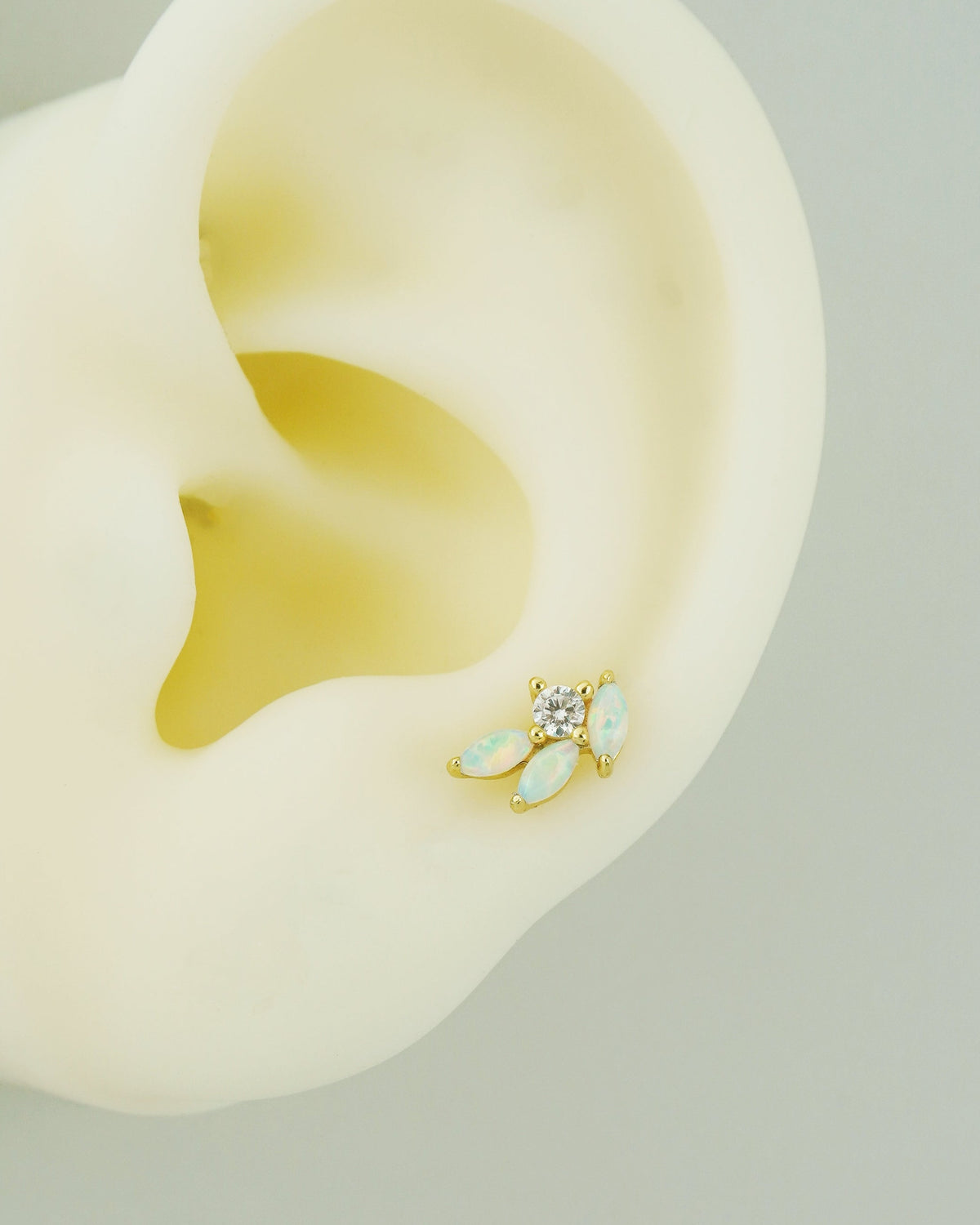 1 pc of Opal & CZ Stud Earring in 18ct Gold Plated over Sterling Silver, Tragus Cartilage Piercing Jewelry
