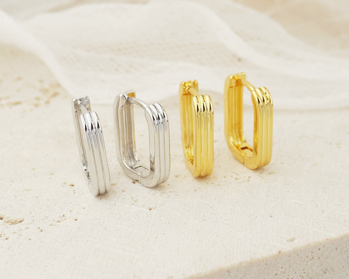 Pair of Brass Layered Ribbed Huggie Hoop Earrings in Gold or Silver Finish, Minimalist Statement Everyday Jewelry