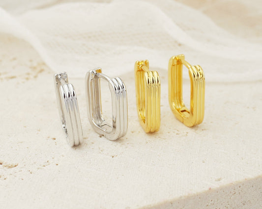Pair of Brass Layered Ribbed Huggie Hoop Earrings in Gold or Silver Finish, Minimalist Statement Everyday Jewelry