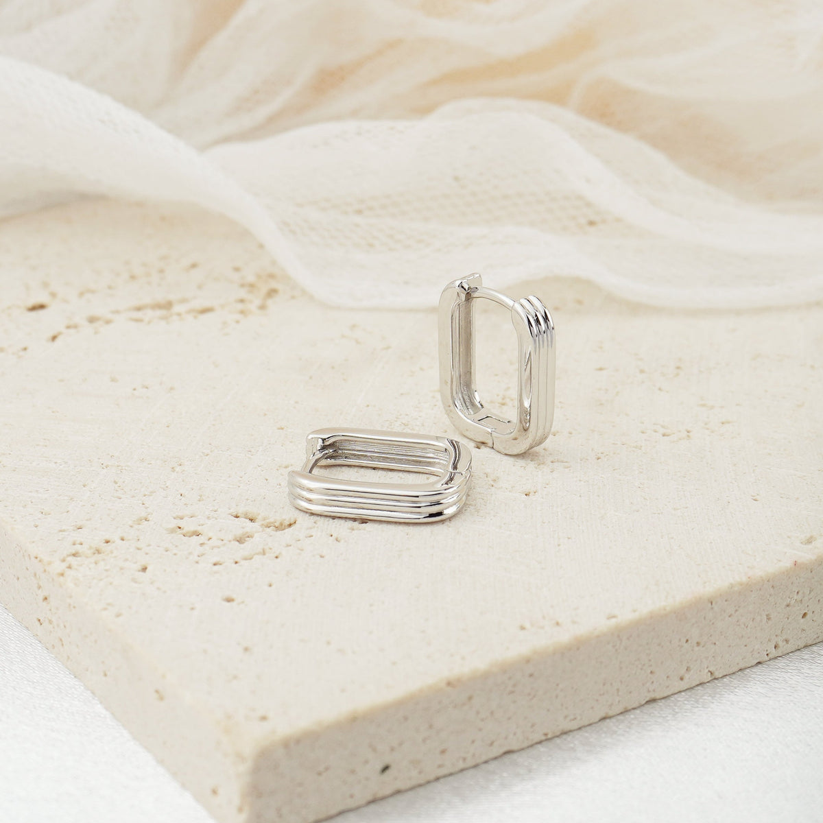 Pair of Brass Layered Ribbed Huggie Hoop Earrings in Gold or Silver Finish, Minimalist Statement Everyday Jewelry