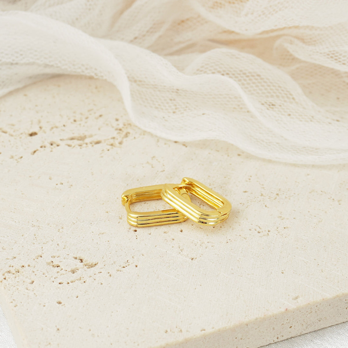 Pair of Brass Layered Ribbed Huggie Hoop Earrings in Gold or Silver Finish, Minimalist Statement Everyday Jewelry