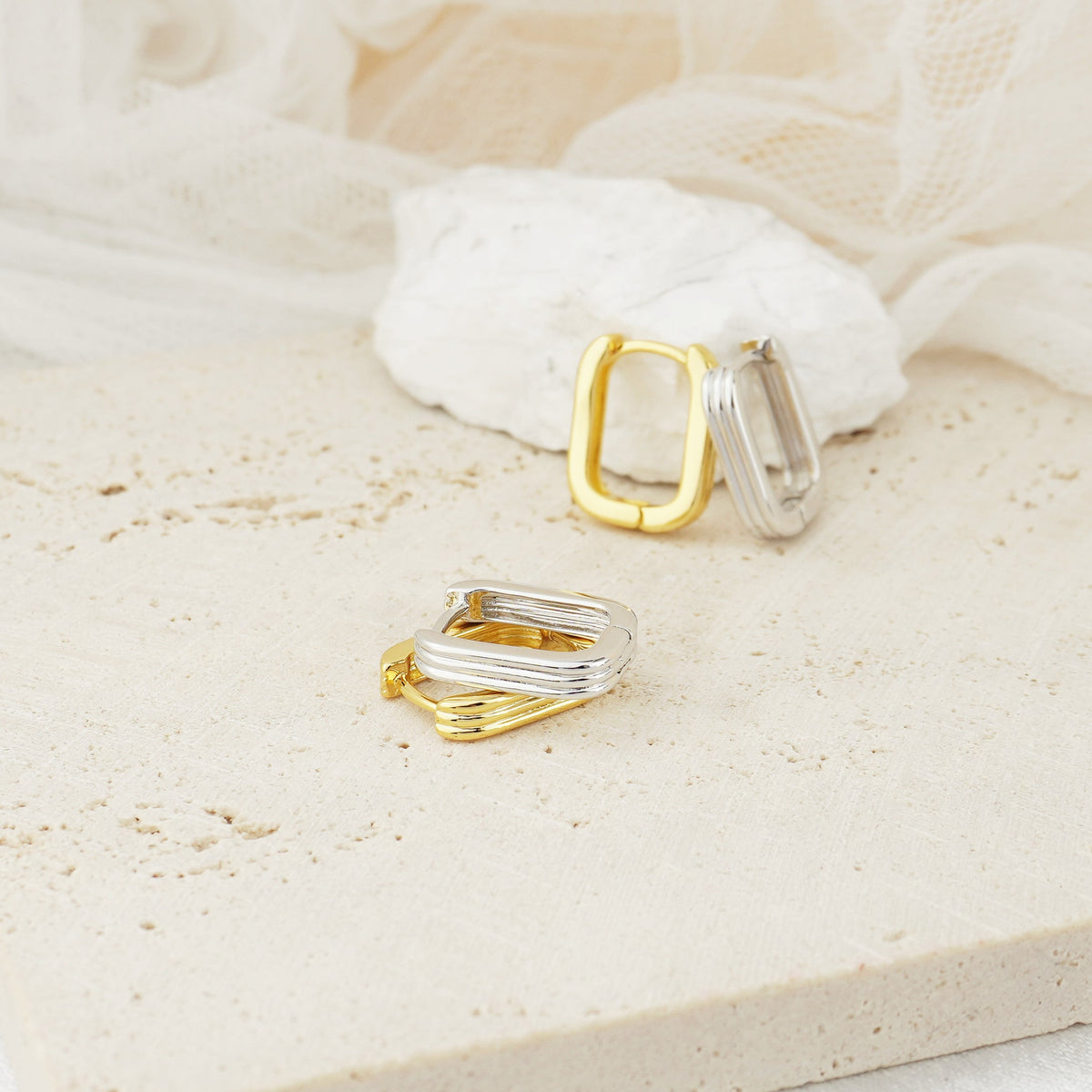 Pair of Brass Layered Ribbed Huggie Hoop Earrings in Gold or Silver Finish, Minimalist Statement Everyday Jewelry