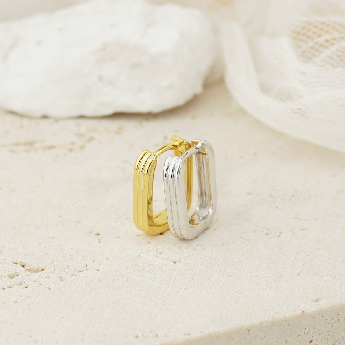Pair of Brass Layered Ribbed Huggie Hoop Earrings in Gold or Silver Finish, Minimalist Statement Everyday Jewelry