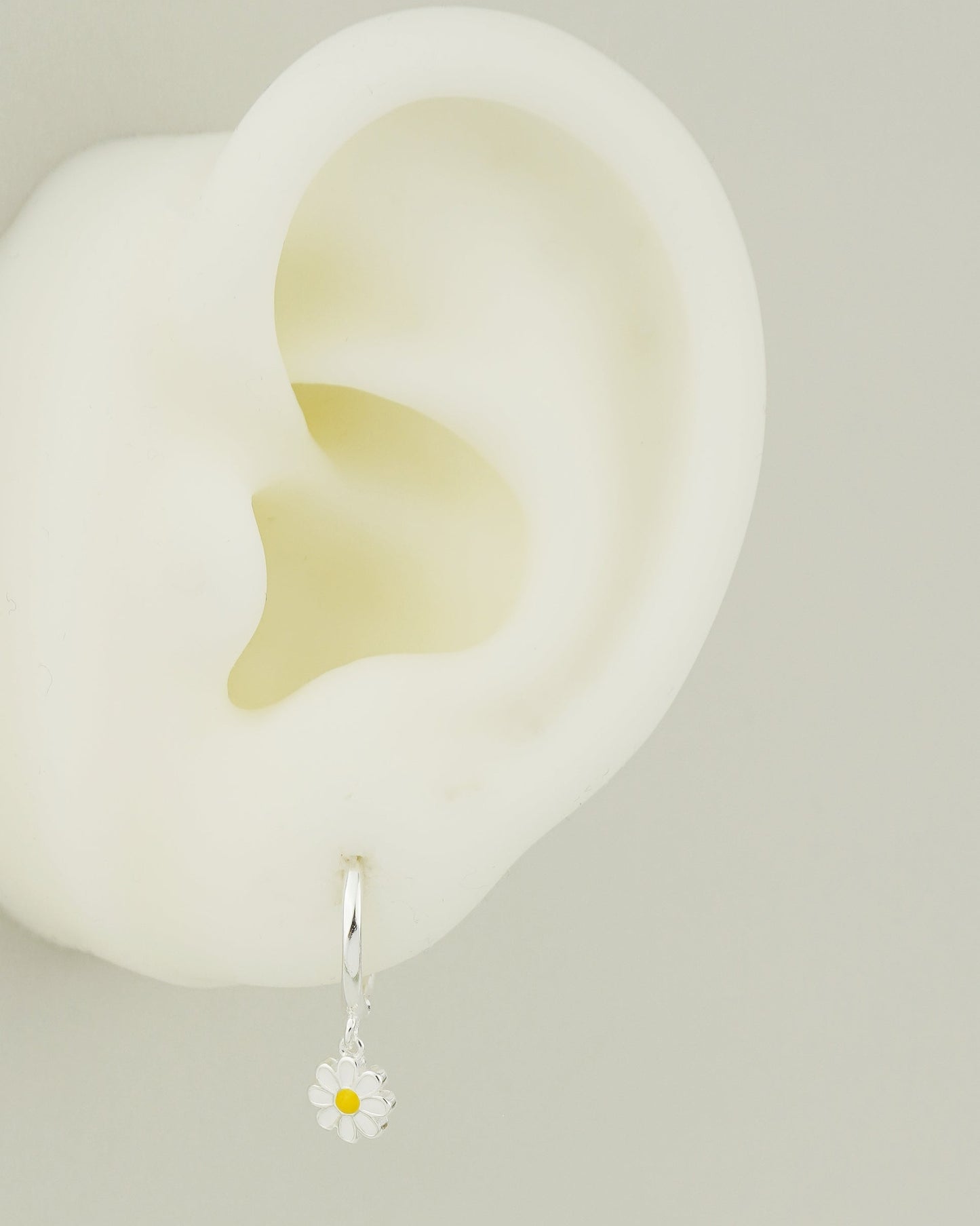 Pair of Dangly Enamel Daisy Flower Huggie Hoop Earrings in Sterling Silver or 18ct Gold Plated, Nature Inspired Floral Charm