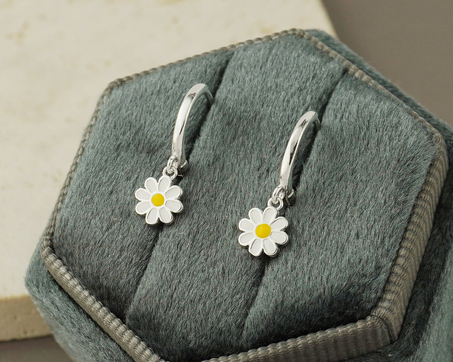 Pair of Dangly Enamel Daisy Flower Huggie Hoop Earrings in Sterling Silver or 18ct Gold Plated, Nature Inspired Floral Charm