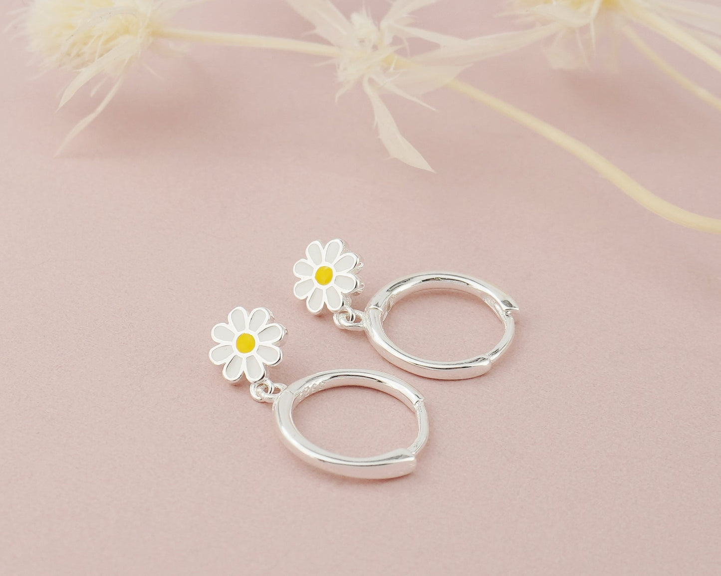 Pair of Dangly Enamel Daisy Flower Huggie Hoop Earrings in Sterling Silver or 18ct Gold Plated, Nature Inspired Floral Charm