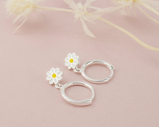 Pair of Dangly Enamel Daisy Flower Huggie Hoop Earrings in Sterling Silver or 18ct Gold Plated, Nature Inspired Floral Charm