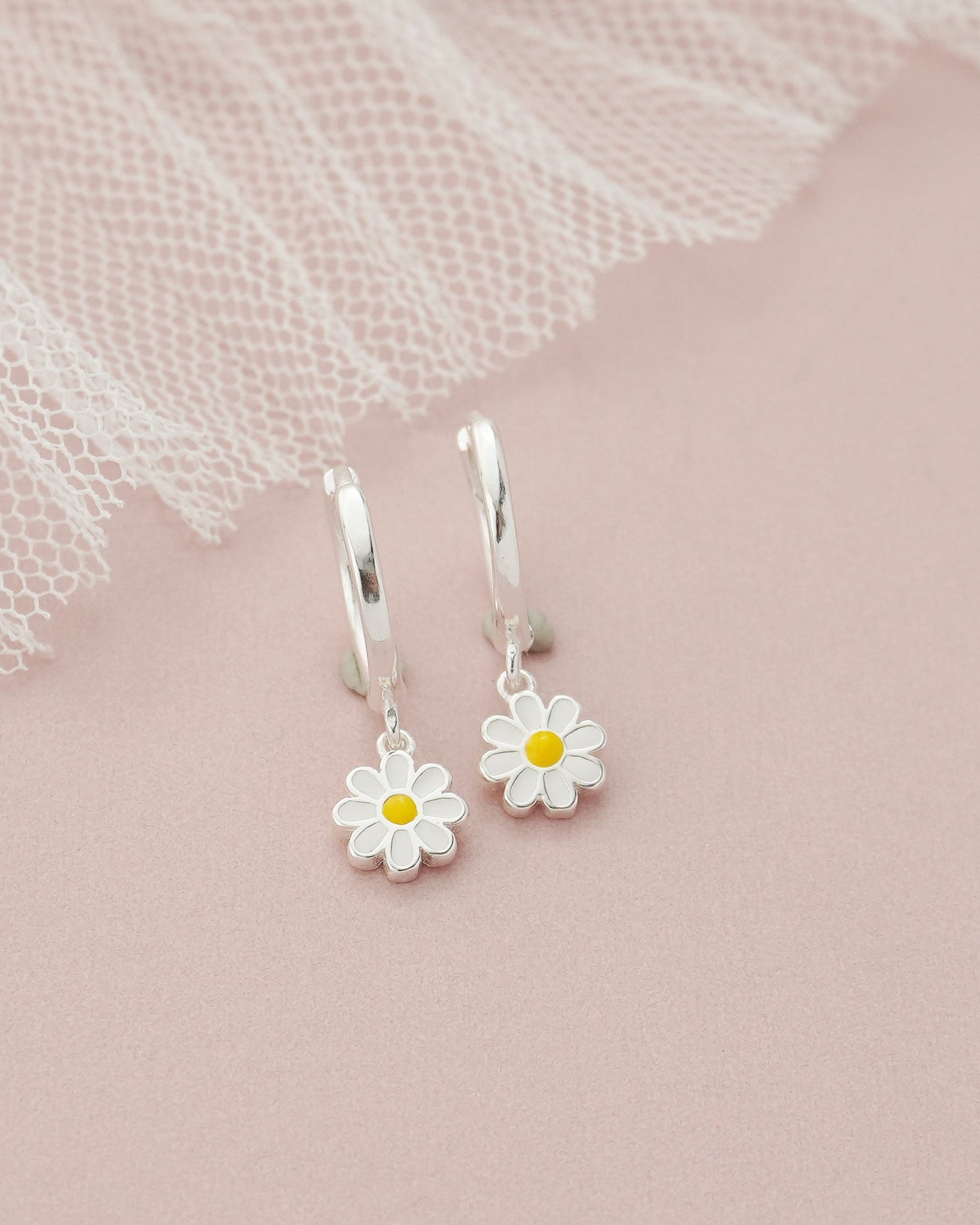 Pair of Dangly Enamel Daisy Flower Huggie Hoop Earrings in Sterling Silver or 18ct Gold Plated, Nature Inspired Floral Charm