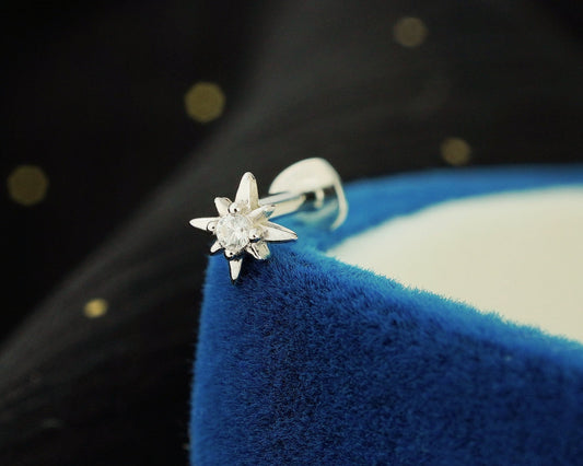 1 pc of Starburst Flat Screw Back Stud Earring with Sparkly CZ in Sterling Silver or 18ct Gold Plated, Mini Tragus Cartilage Piercing