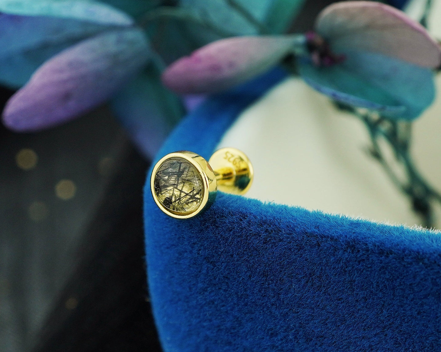 1 pc of Natural Black Rutile Quartz Cabochon Flat Back Stud Earring in Gold Plated over Sterling Silver, 5mm Bezel Lobe Helix Tragus Piercing