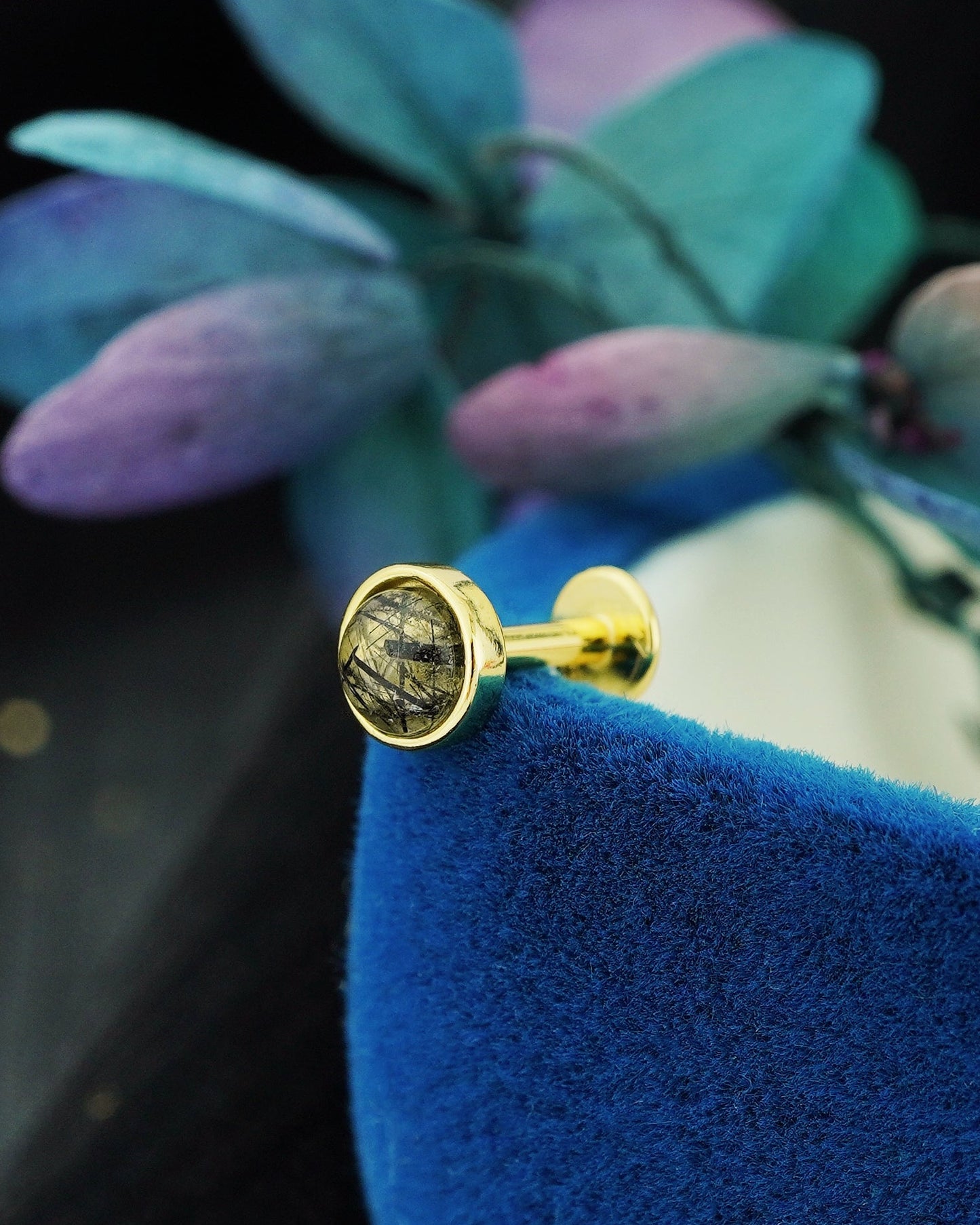 1 pc of Natural Black Rutile Quartz Cabochon Flat Back Stud Earring in Gold Plated over Sterling Silver, 5mm Bezel Lobe Helix Tragus Piercing