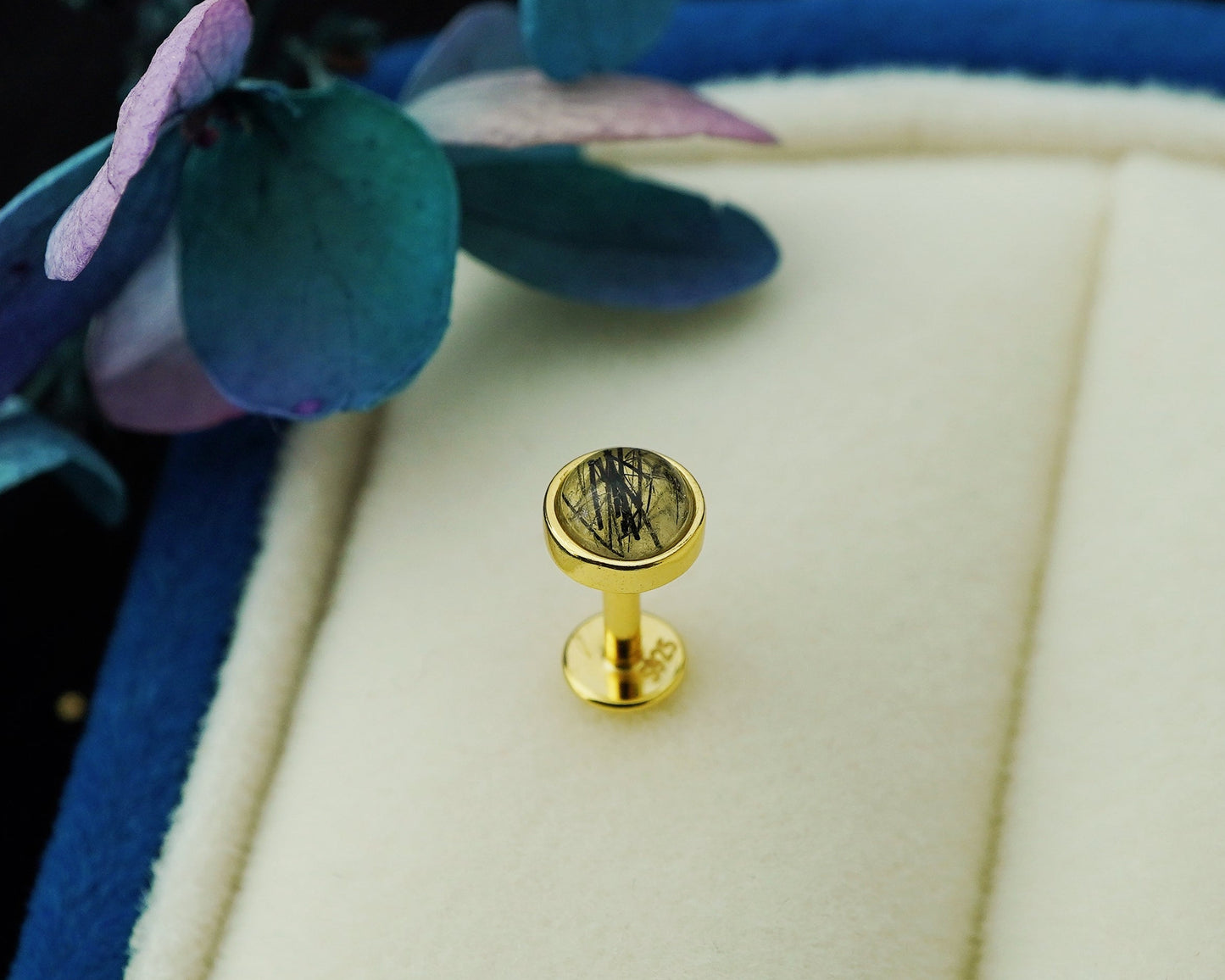 1 pc of Natural Black Rutile Quartz Cabochon Flat Back Stud Earring in Gold Plated over Sterling Silver, 5mm Bezel Lobe Helix Tragus Piercing