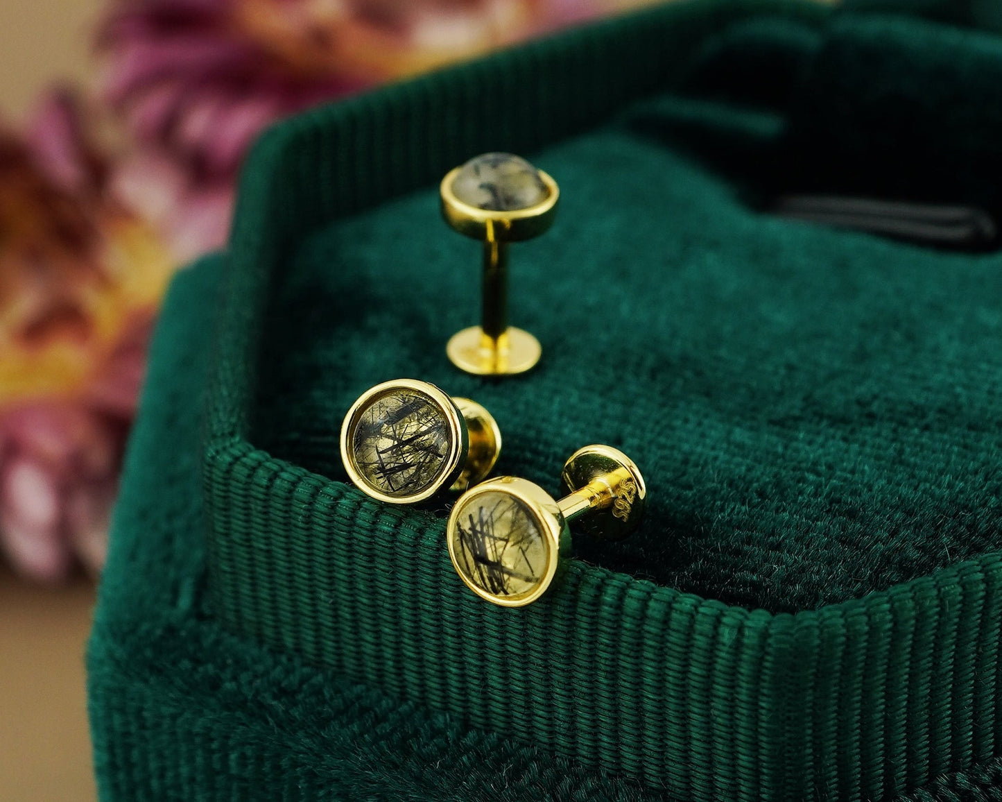 1 pc of Natural Black Rutile Quartz Cabochon Flat Back Stud Earring in Gold Plated over Sterling Silver, 5mm Bezel Lobe Helix Tragus Piercing