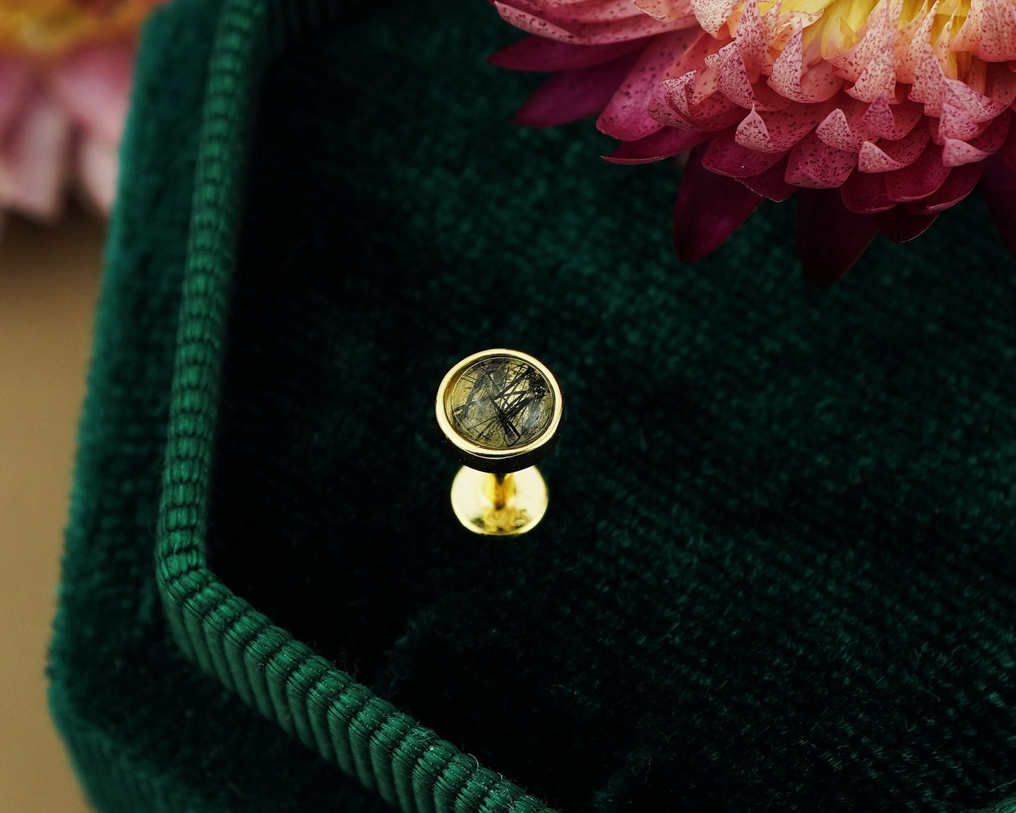 1 pc of Natural Black Rutile Quartz Cabochon Flat Back Stud Earring in Gold Plated over Sterling Silver, 5mm Bezel Lobe Helix Tragus Piercing